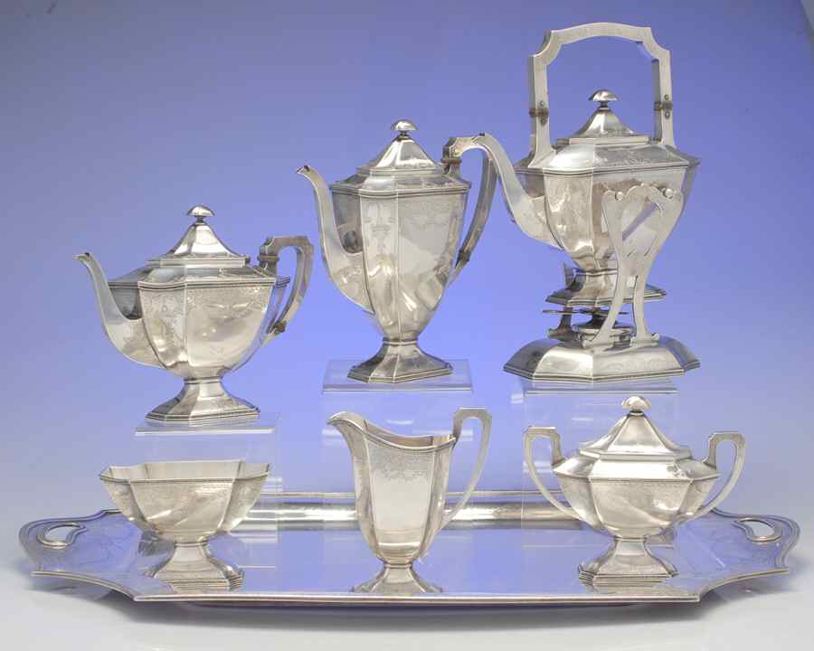 2307 (Sterling, Hollowware) 7 Piece Tea Set (SCP, STP, SCR, SSU, SWB, SKES & WTL) by International Silver-1
