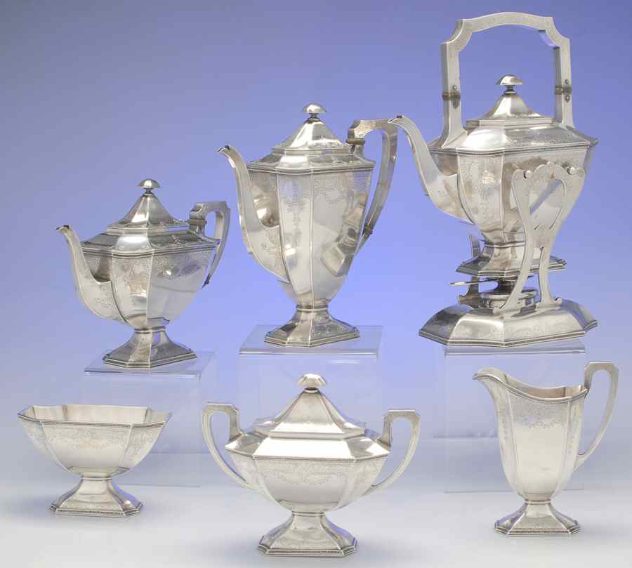 2307 (Sterling, Hollowware) 6 Piece Tea Set (SCP, STP, SCR, SSU, SWB, SKES) by International Silver-1