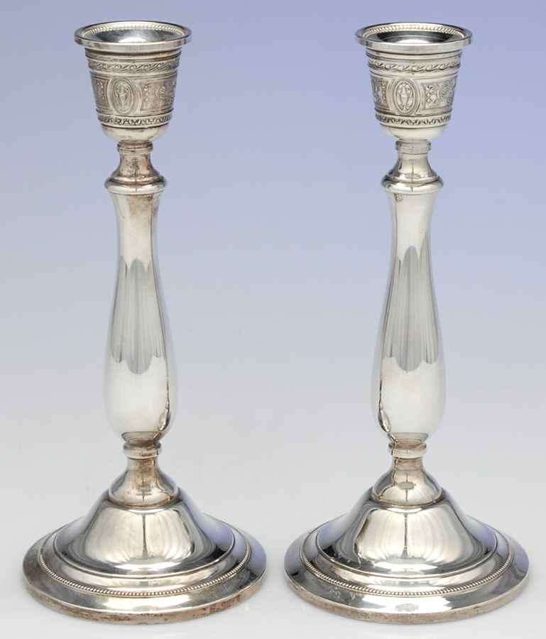 Wedgwood (Sterling, Hollowware, Beaded Base) Pair of 10" Weighted Candlesticks by International Silver-1
