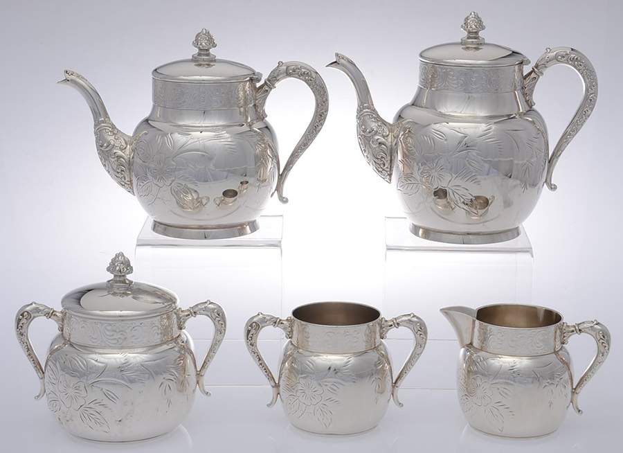 1211 (Silverplate, Hollowware) 5-Piece Plated Tea Set (with Waste) by International Silver-1