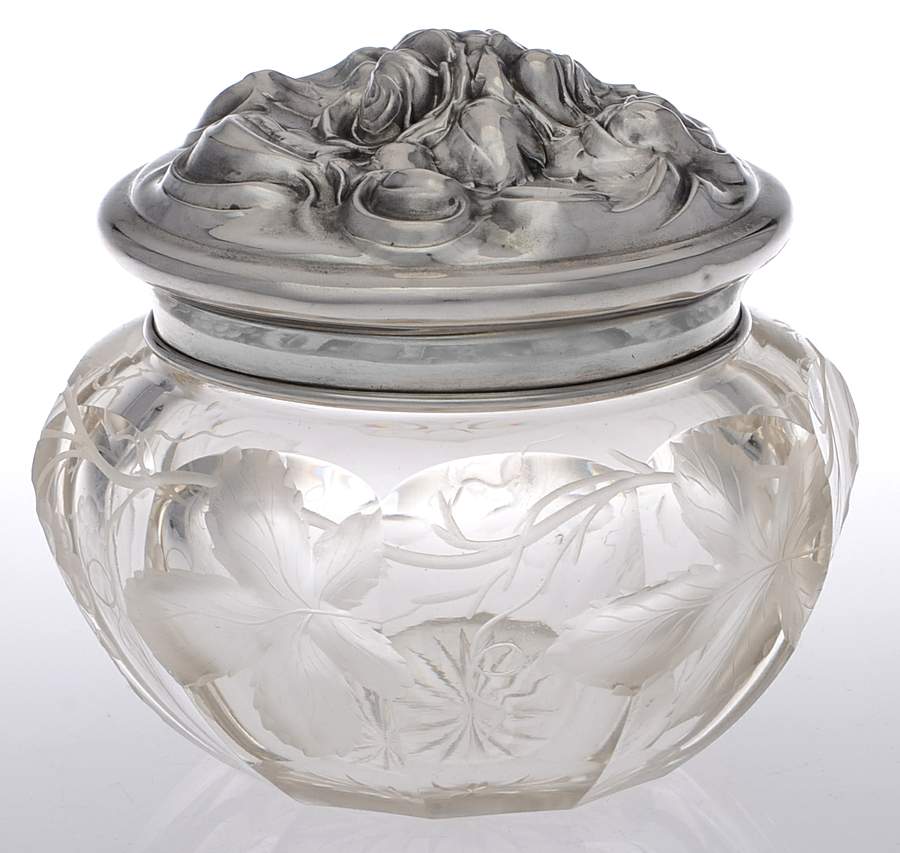 C520 (Sterling, Hollowware) Powder Jar, Crystal Bowl and Sterling Lid by International Silver-1