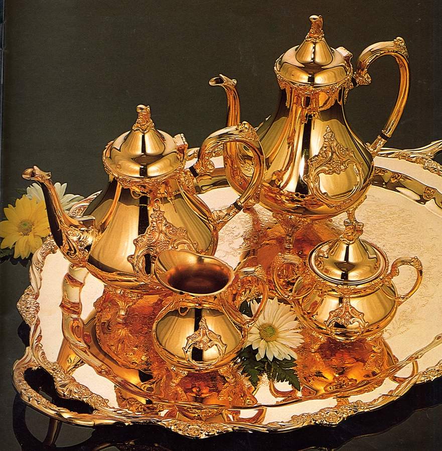 Golden Cherbourg (Gold Electro Hware) 5-Piece Silverplate Tea Set (with Tray) by International Silver-1