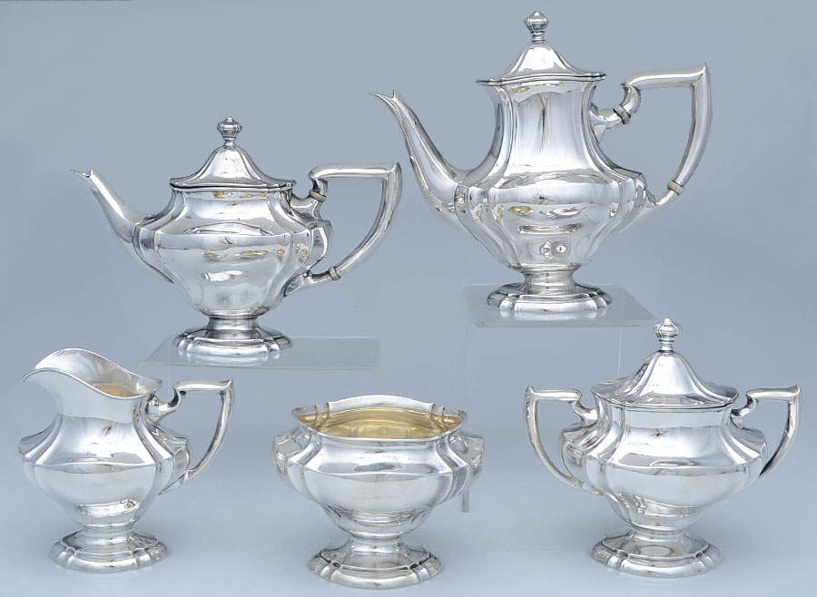 C1587 (Sterling, Hollowware) 5 Piece Tea Set (SCP, STP, SCR, SSU, SWB) by International Silver-1