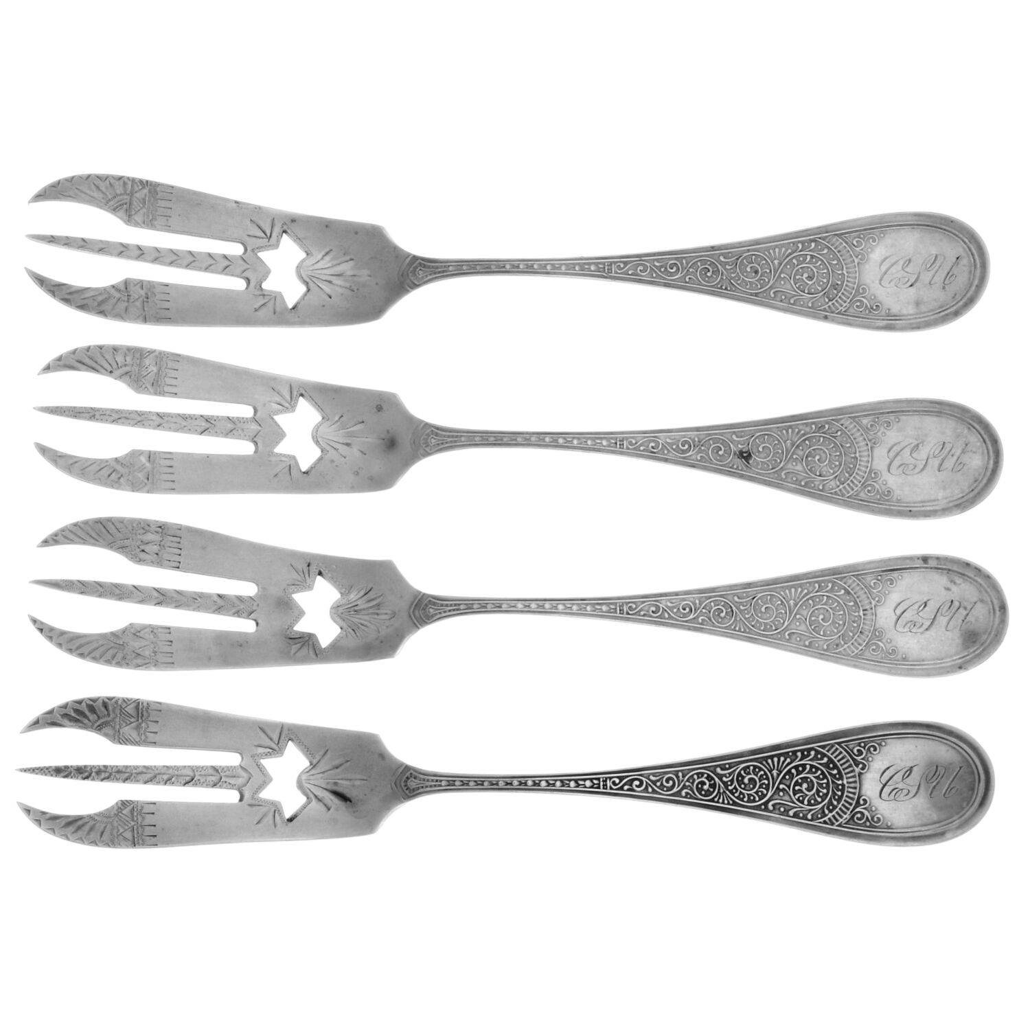 Coronet (Sterling, 1879) Lobster Fork Solid-Bright Cut - Set of 4 by JB & SK Knowles Silver-1