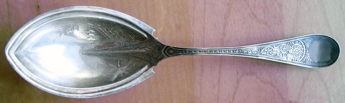 Coronet (Sterling, 1879) Bright Cut Preserve Spoon by JB & SK Knowles Silver-1