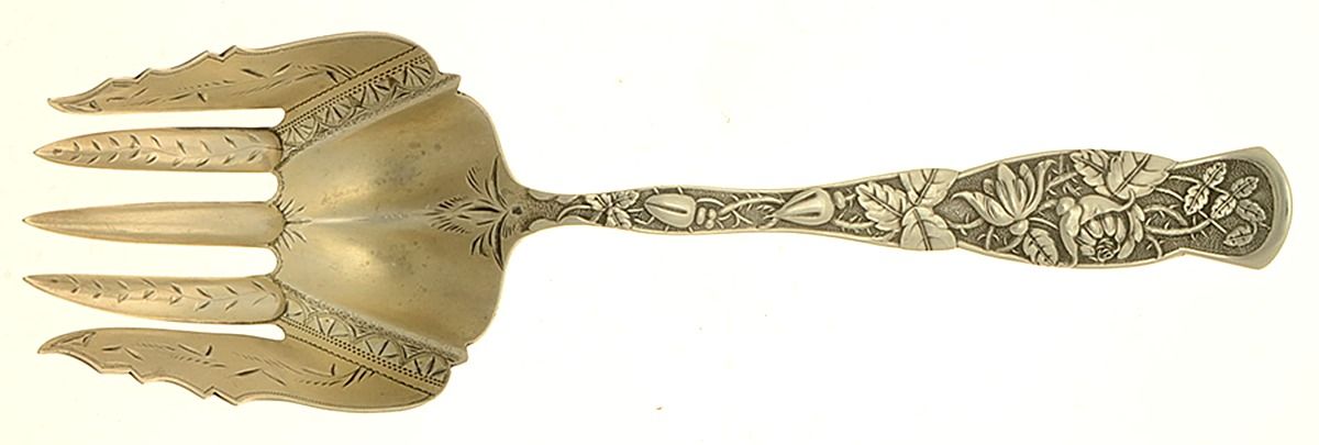 Rose (Sterling, 1881) Salad Serving Fork, Bright Cut Solid Piece by JB & SK Knowles Silver-1