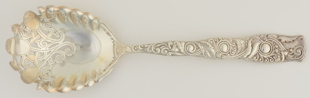 Trianon (Sterling, 1889) Solid Bright Cut Vegetable Serving Fork by JB & SK Knowles Silver-1