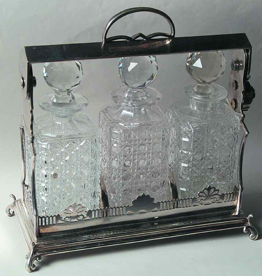 T4774 (Silverplate, Hollowware) Decanter Set-3 Crystal Decanters W/Holder by James Dixon & Sons-1