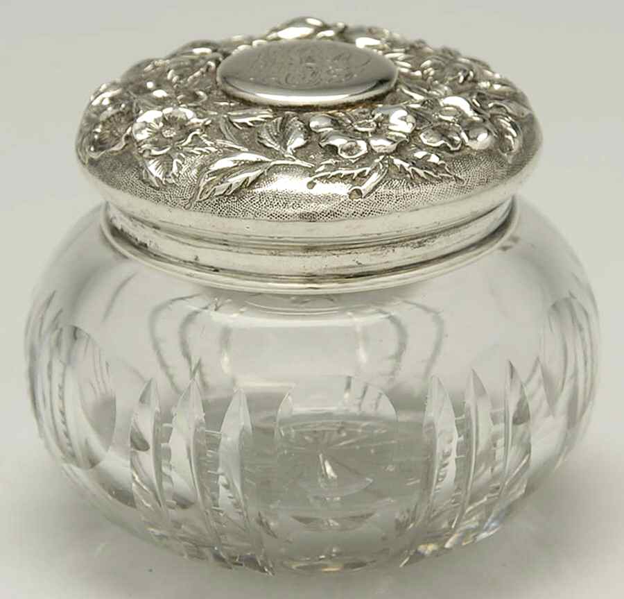 Repousse (Sterling, Hollowware) Powder Jar, Crystal Bowl and Sterling Lid by Jenkins & Jenkins-1