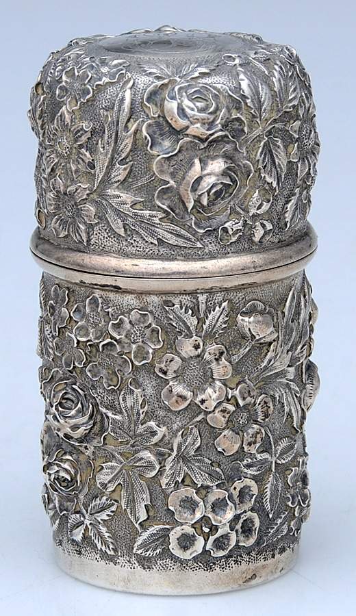 Repousse (Sterling, Hollowware) Tea Caddy with Hinged Lid by Jenkins & Jenkins-1