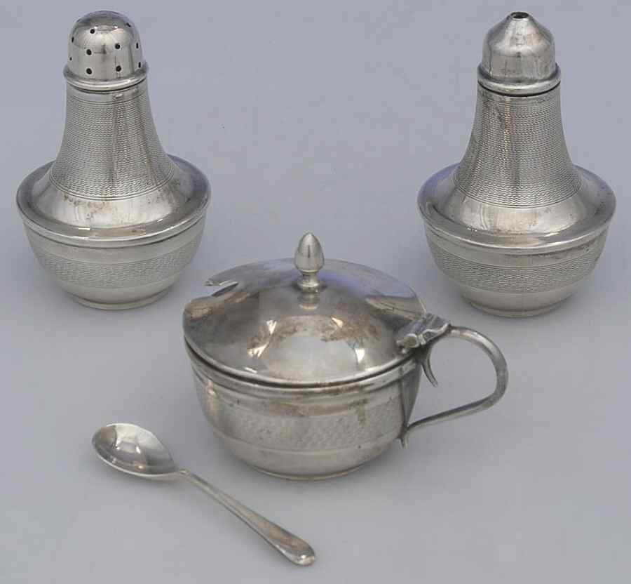 Sterling Hollowware Individual Salt & Pepper & Mustard W/Liner & Spoon by J. Gloster Ltd-1