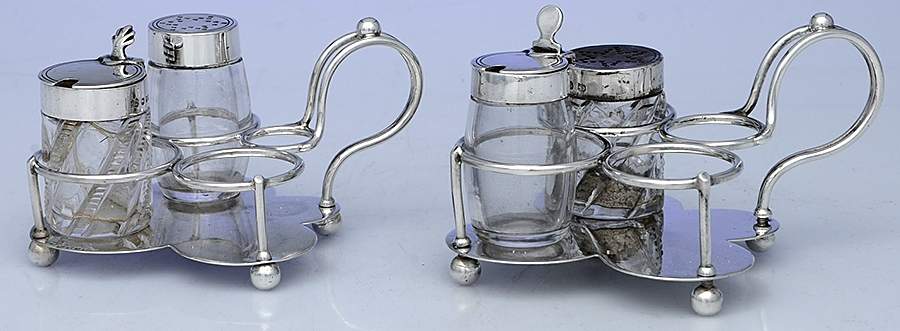 Sterling Hollowware 4 Glass Bottles W/2 Holders Set by John Thomas Heath & John Hartshorne Middleton-1
