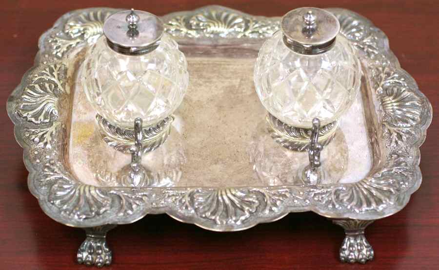 N8875 (Silverplate, Hollowware) Double Inkwell with Pressed Glass & Attached Stand by James Deakin & Sons-1