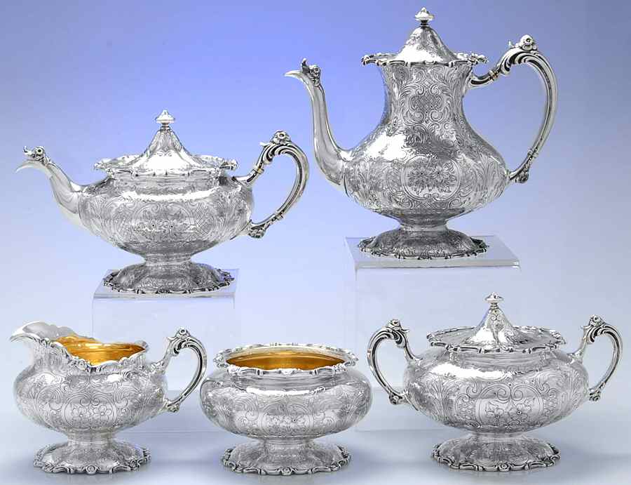 581S (Sterling, Hollowware) 5 Piece Tea Set (SCP, STP, SCR, SSU, SWB) by J E Caldwell-1