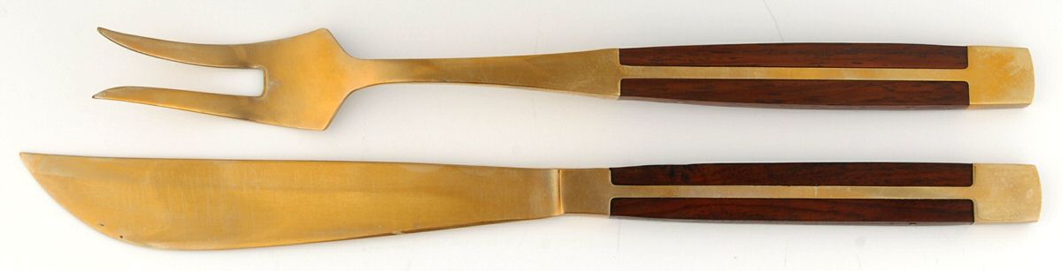 JCZ1 (Brass, Teak) Small Stainless Blade 2-Piece Steak Carving Set by Jean Claude-1