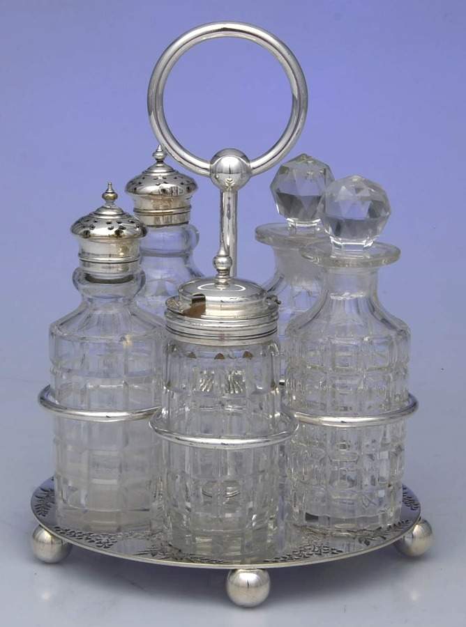 3137F (Silverplate, Hollowware) Cruet Set (5 Crystal Bottles with Stand) by James Dixon & Sons-1