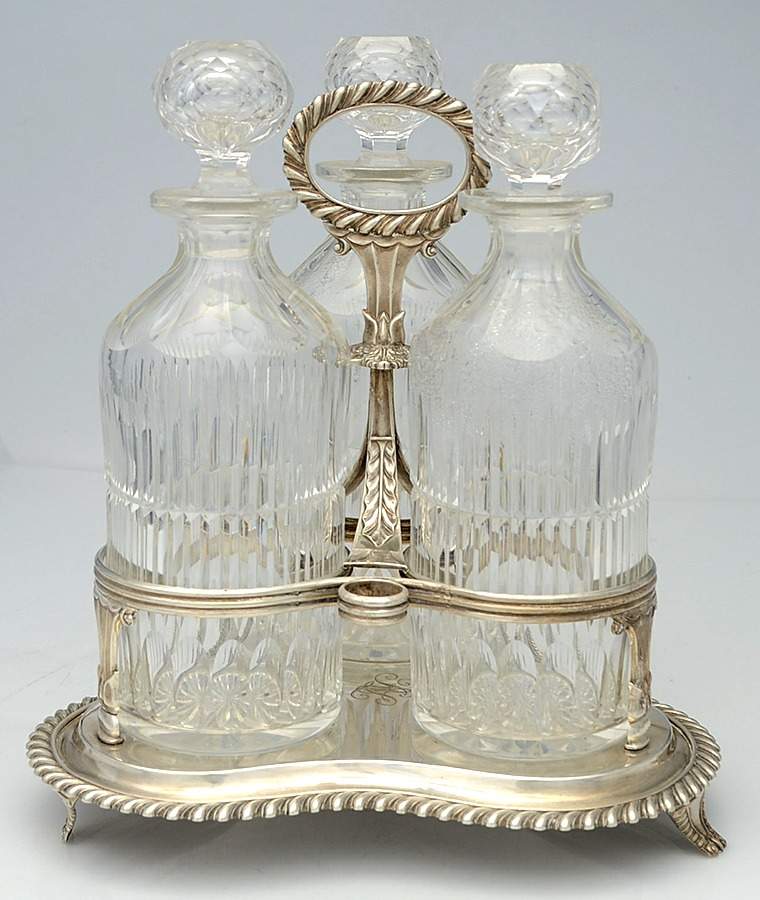 J4AJ4A1 (Sterling, Hollowware) Decanter Set-3 Crystal Decanters W/Holder by Joseph Angell I-1