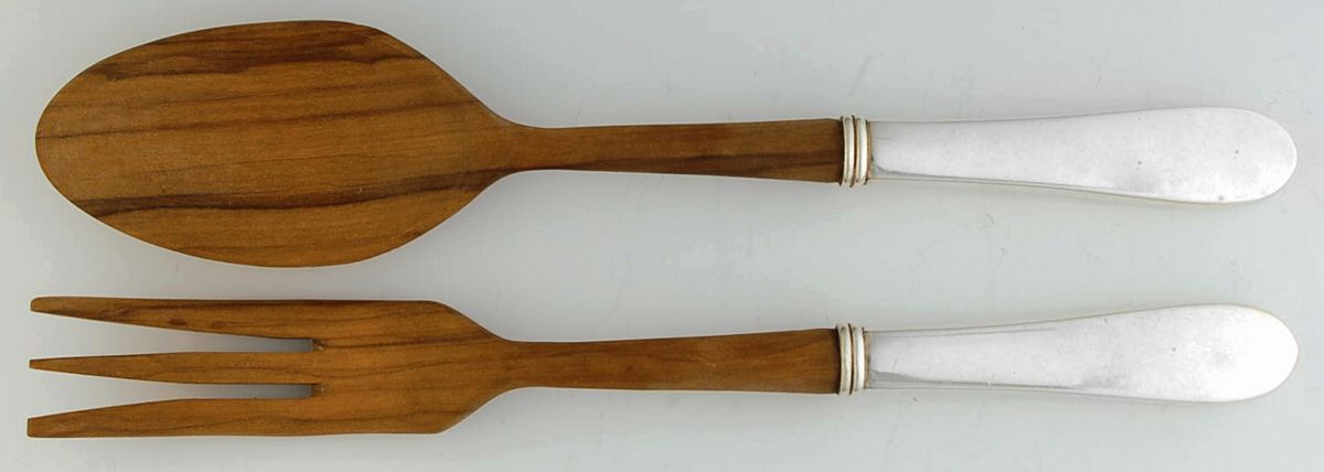 Betsy Patterson-Plain (Sterling) Wooden Bowl 2 Piece Salad Set by Kirk Stieff-1