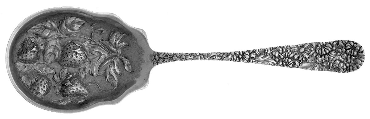 Chrysanthemum (Sterling, 1904, No Monograms) Chased Fruit Serving Spoon-4 Berries by Kirk Stieff-1