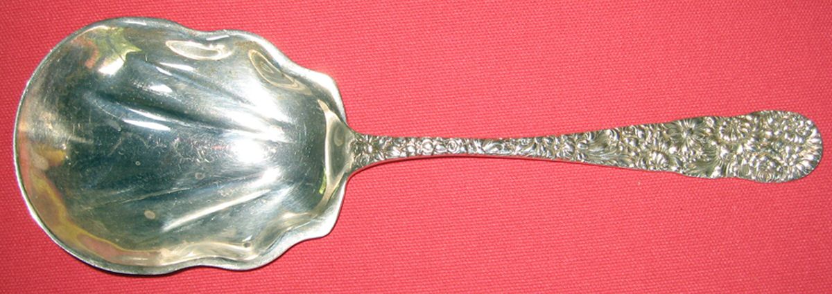 Chrysanthemum (Sterling, 1904, No Monograms) Solid Salad Serving Spoon by Kirk Stieff-1