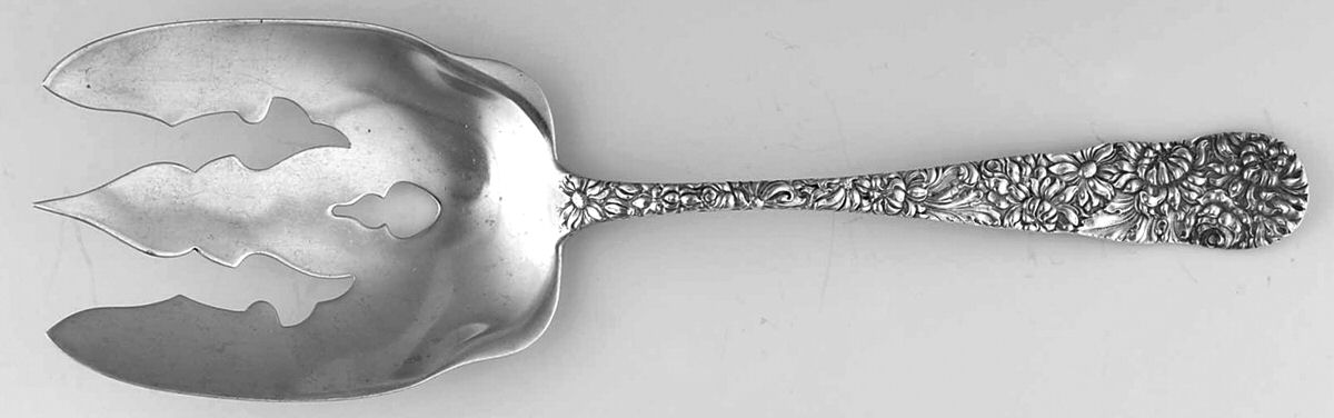 Chrysanthemum (Sterling, 1904, No Monograms) Oversize Solid Salad Servng Fork by Kirk Stieff-1