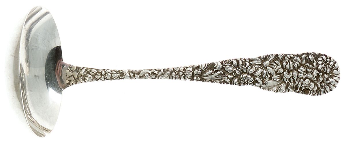 Chrysanthemum (Sterling, 1904, No Monograms) Solid Gravy Ladle by Kirk Stieff-1