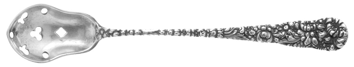 Chrysanthemum (Sterling, 1904, No Monograms) Pierced Bowl Short Handle Olive Spoon by Kirk Stieff-1