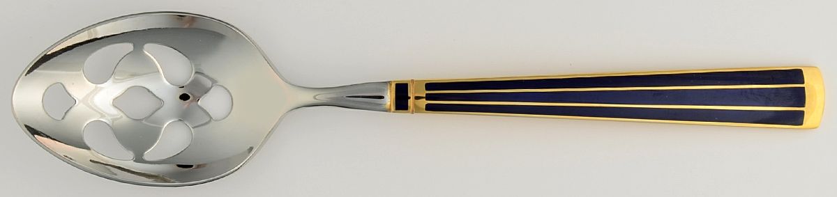 Cloisonne Embassy (Stainless-Cobalt-Gold) Pierced Tablespoon (Serving Spoon) by Kirk Stieff-1