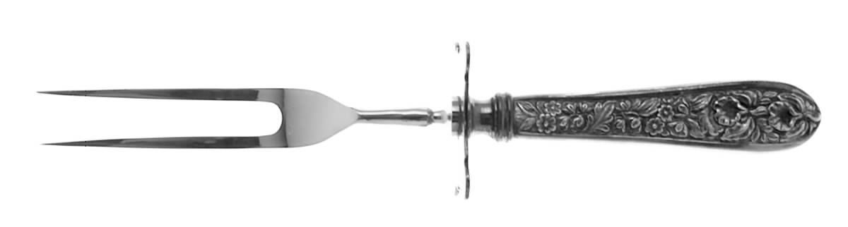 Corsage (Sterling, 1935, No Monogram) Small Steak Carving Fork with Stainless Prongs by Kirk Stieff-1