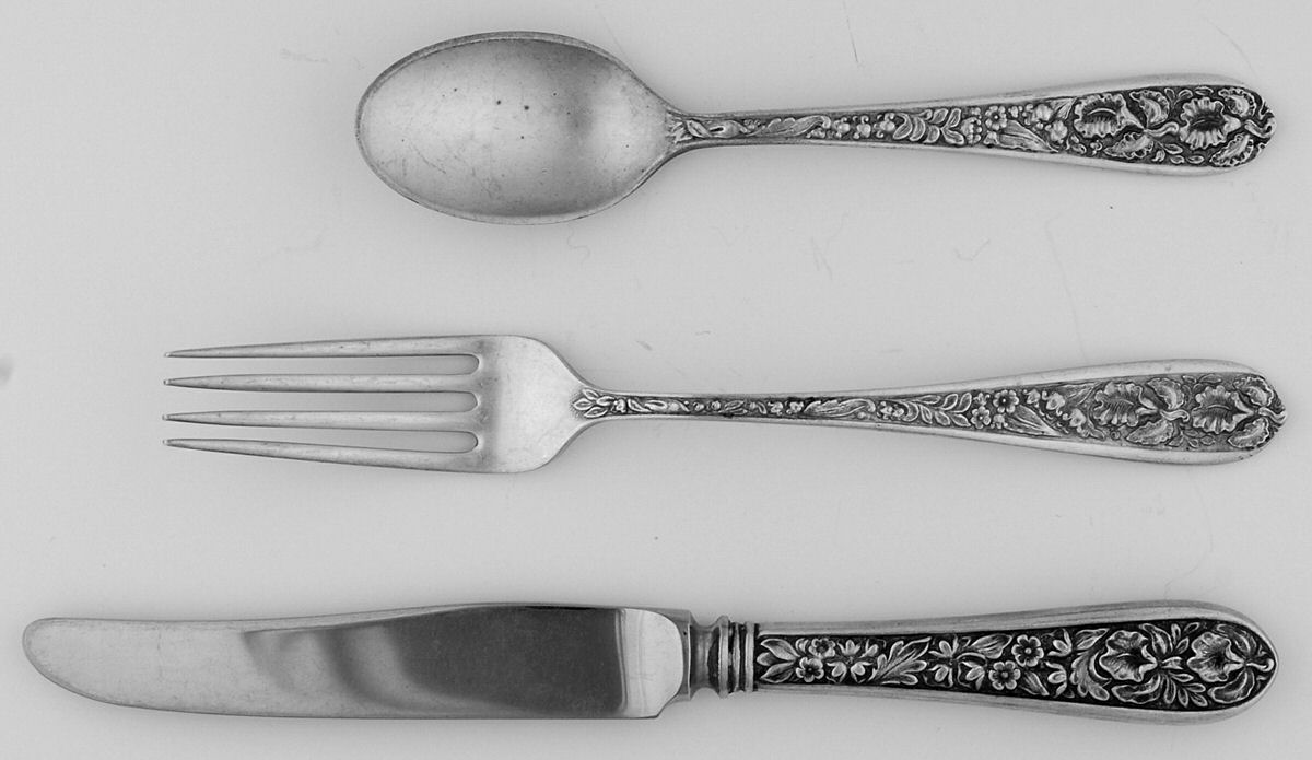 Corsage (Sterling, 1935, No Monogram) 3 Piece Youth Set (Knife, Fork & Spoon) by Kirk Stieff-1