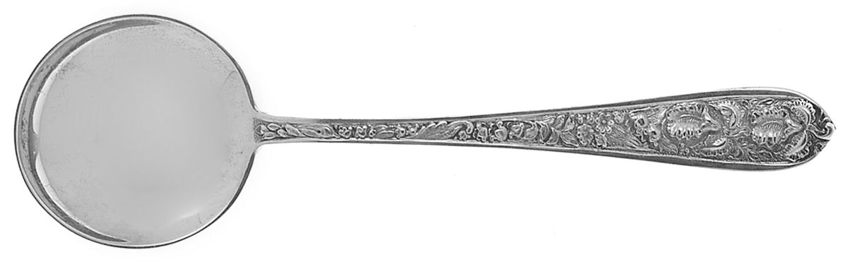 Corsage (Sterling, 1935, No Monogram) Round Bowl Soup Spoon (Bouillon) by Kirk Stieff-1