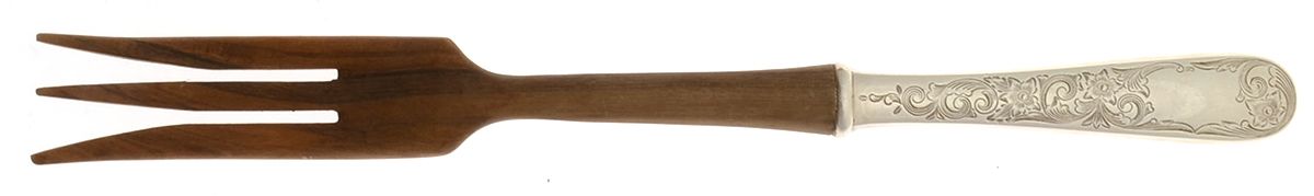 Old Maryland-Engv (Sterling, 1936, No Monos) Salad Serving Fork Wooden Prongs by Kirk Stieff-1