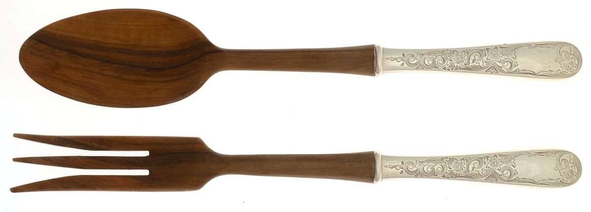 Old Maryland-Engv (Sterling, 1936, No Monos) Wooden Bowl 2 Piece Salad Set by Kirk Stieff-1