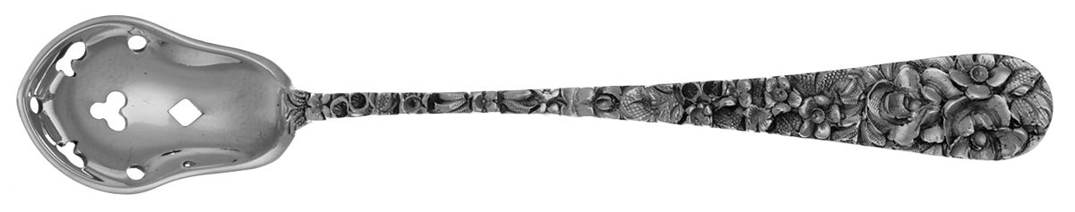 Princess-Hand Chased (Sterling, 1915) Pierced Bowl Short Handle Olive Spoon by Kirk Stieff-1