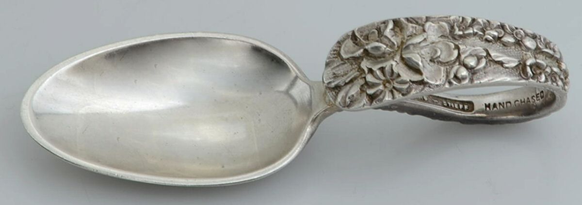 Princess-Hand Chased (Sterling, 1915) Curved Handle Baby Spoon by Kirk Stieff-1