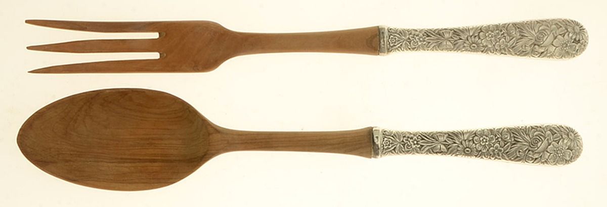 Repousse (Sterling, 1828) Wooden Bowl 2-Piece Salad Set by Kirk Stieff-1