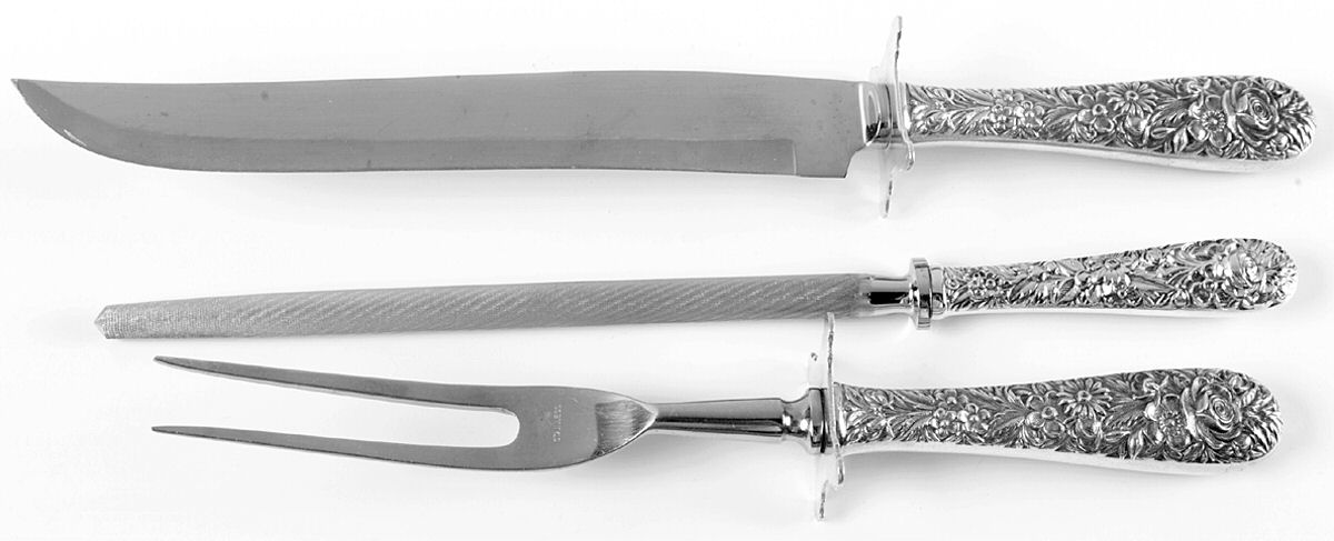 Repousse (Sterling, 1828) Large 3-Piece Roast Carving Set w/ Stainless Blade by Kirk Stieff-1