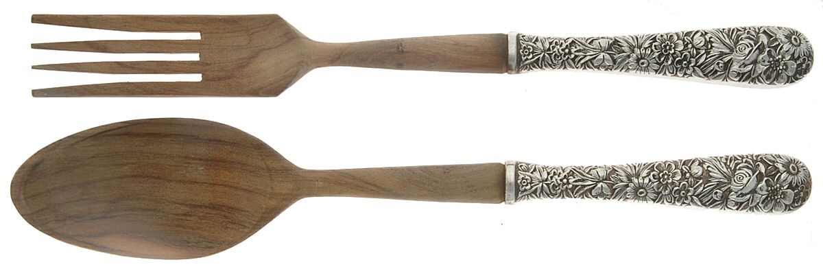 Repousse (Sterling, 1828) Wooden Bowl 2 Piece Salad Set by Kirk Stieff-1