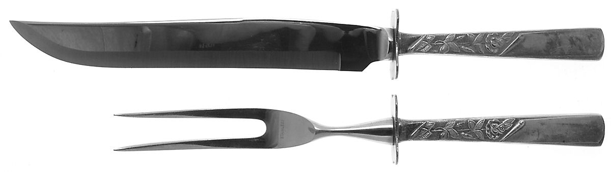 Rose Motif (Sterling, 1954, No Monograms) Large 2-Piece Roast Carving Set w/ Stainless Blade by Kirk Stieff-1