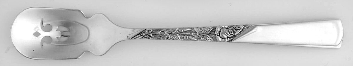 Rose Motif (Sterling, 1954, No Monograms) Short Handled Olive Spoon with Pierced Bowl by Kirk Stieff-1