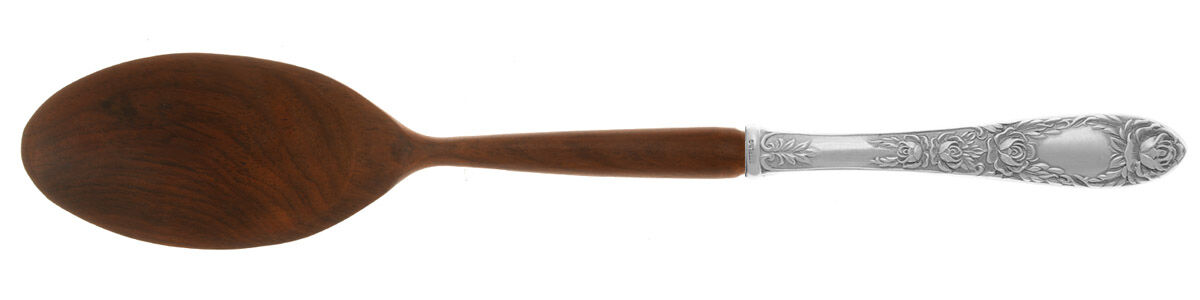 Rose (Sterling, 1937, No Monograms) Salad Serving Spoon with Wooden Bowl HC by Kirk Stieff-1