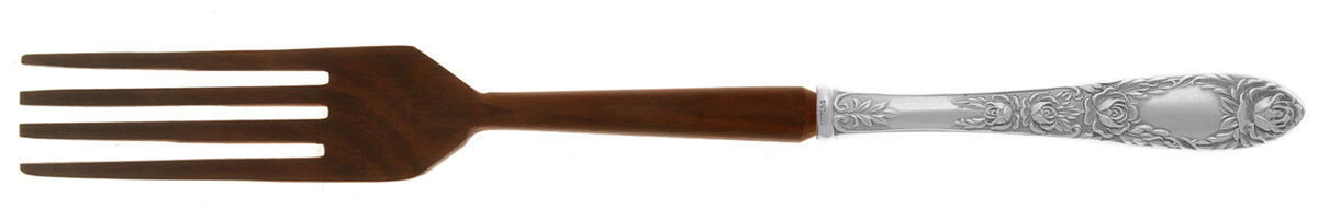 Rose (Sterling, 1937, No Monograms) Salad Serving Fork with Wooden Prongs HC by Kirk Stieff-1