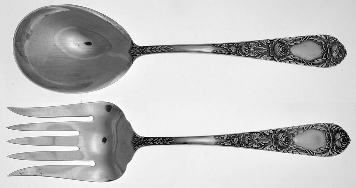 Rose (Sterling, 1937, No Monograms) Solid Oversized Serving Salad Set by Kirk Stieff-1