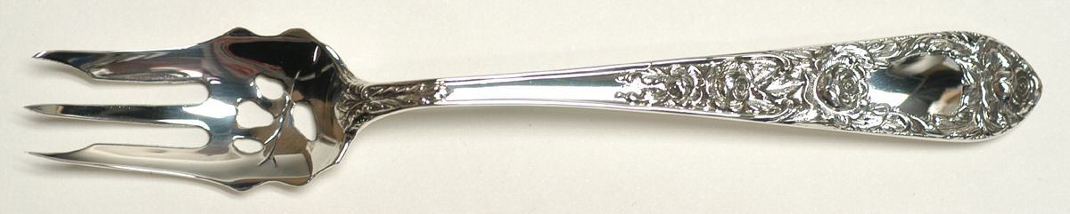 Rose (Sterling, 1937, No Monograms) Pickle Fork Pierced with Short Handle HC by Kirk Stieff-1