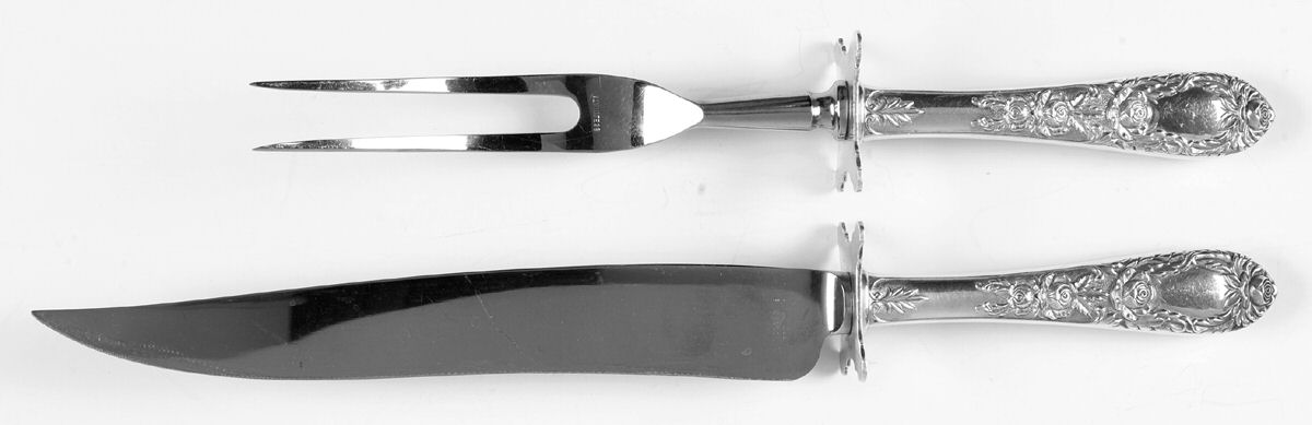 Rose (Sterling, 1937, No Monograms) Large 2-Piece Roast Carving Set w/ Stainless Blade by Kirk Stieff-1