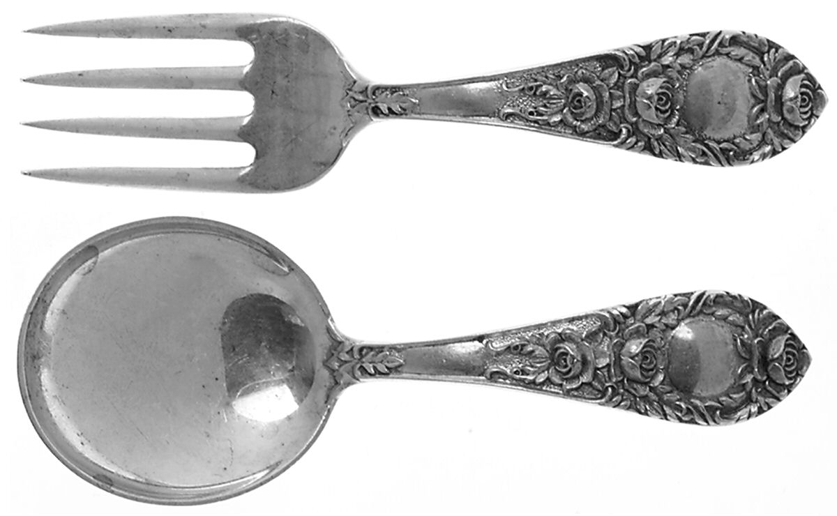 Rose (Sterling, 1937, No Monograms) Small 2 Piece Baby Set (Fork, Spoon) by Kirk Stieff-1