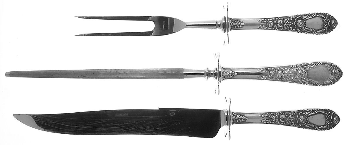 Rose (Sterling, 1937, No Monograms) Large 3-Piece Roast Carving Set w/ Stainless Blade by Kirk Stieff-1
