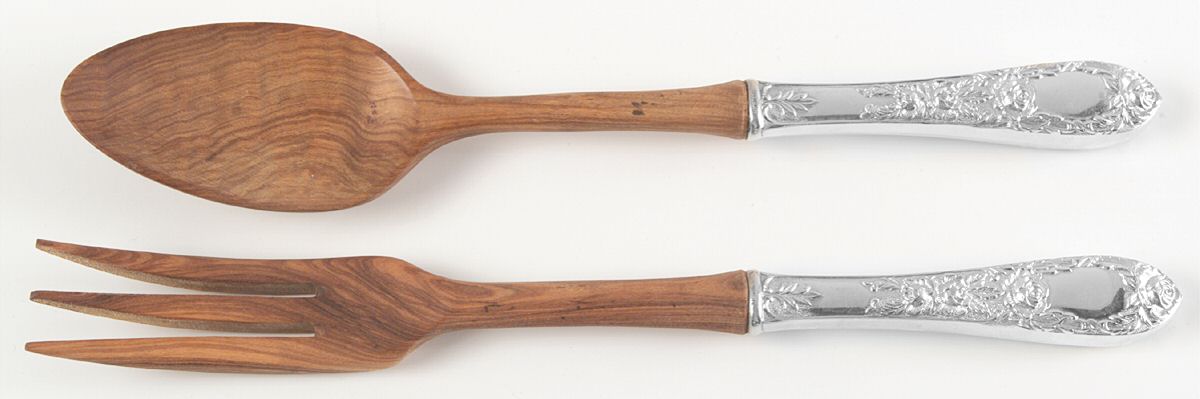 Rose (Sterling, 1937, No Monograms) Wooden Bowl 2-Piece Salad Set by Kirk Stieff-1