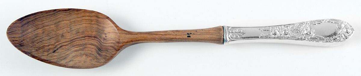 Rose (Sterling, 1937, No Monograms) Salad Serving Spoon with Wooden Bowl by Kirk Stieff-1