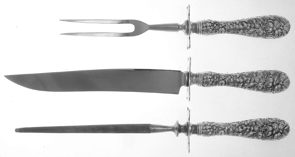 Stieff Rose (Sterling, 1892, No Monograms) 3 Pc Small Carving Set,Sterling Guard,Full Repouss by Kirk Stieff-1